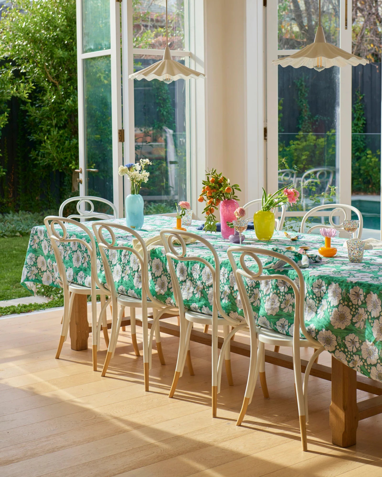 luxurious linen tablecloth with green and white floral patttern