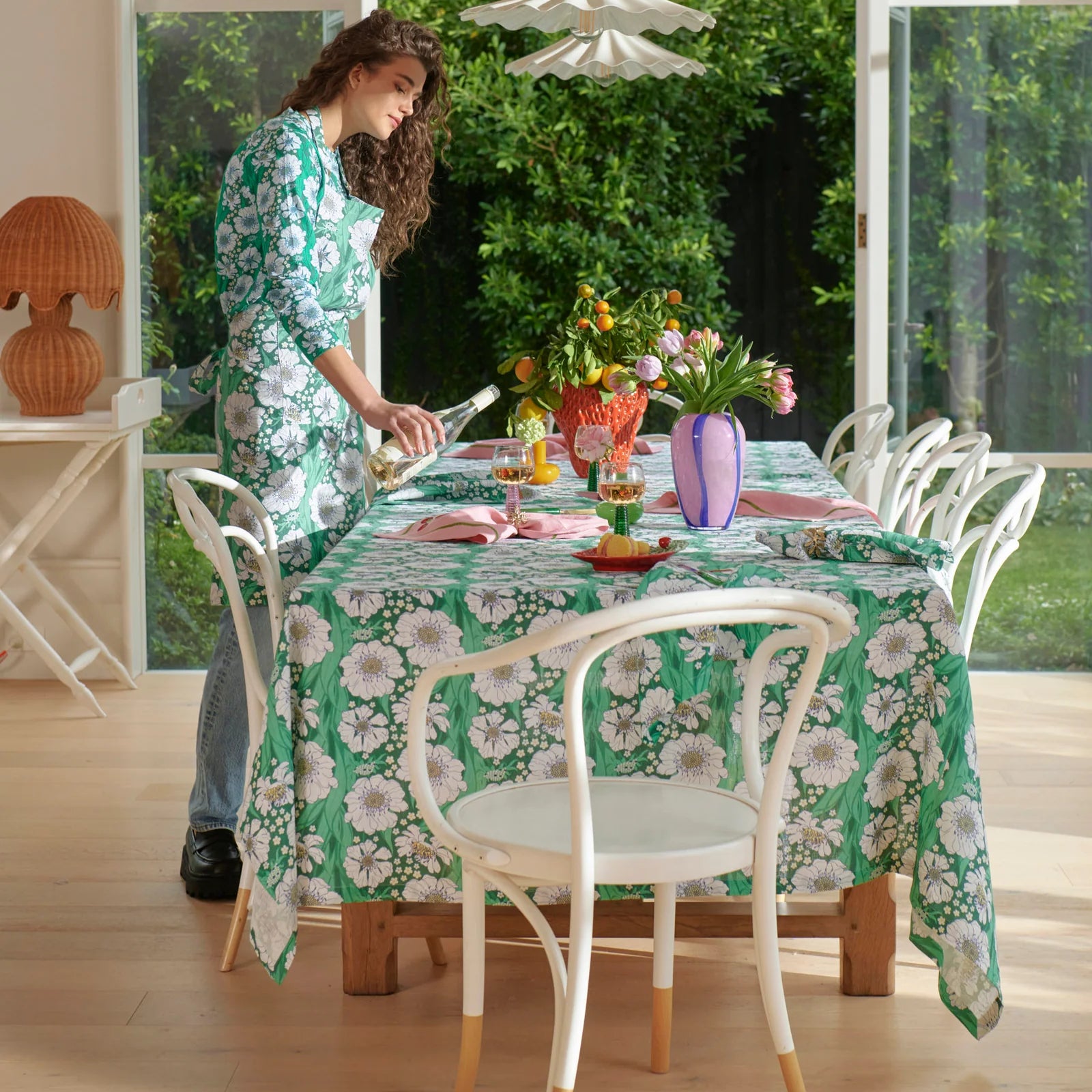 best quality linen tablecloth with green and white floral pattern