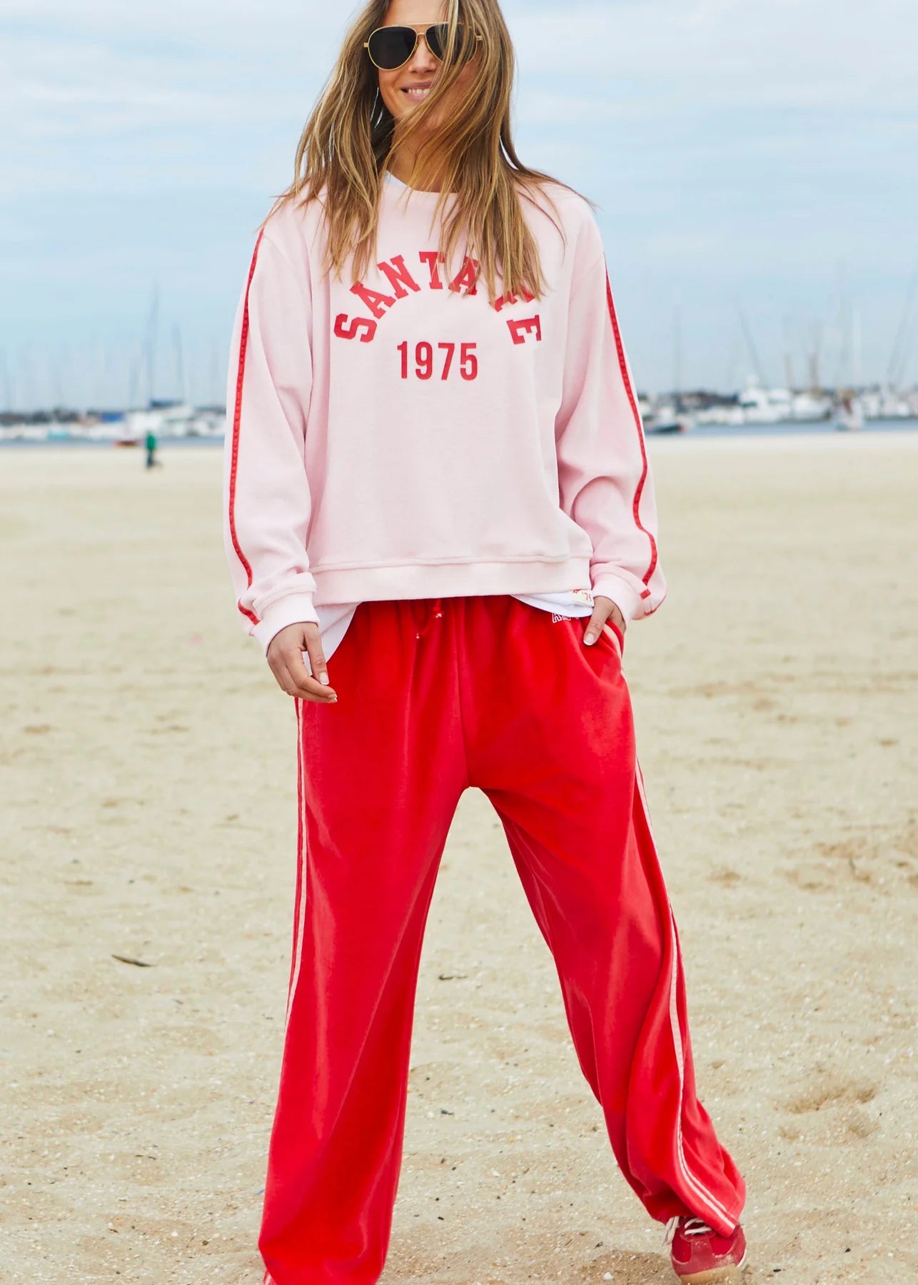 model wearing Urban Velour Pant - Red/Pink by Hammill & Co