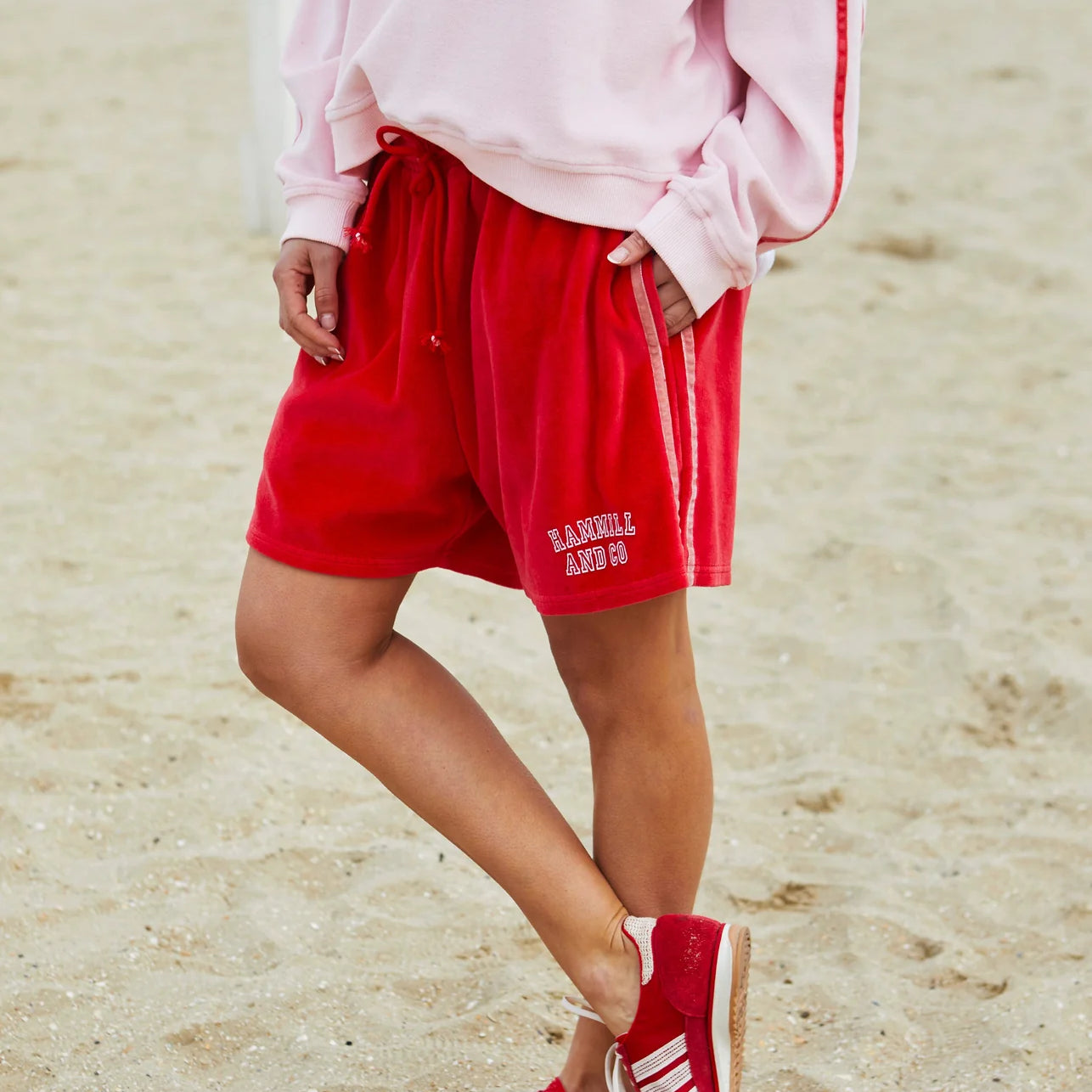 model wearing Urban Velour Short - Red/Pink | Hammill & Co