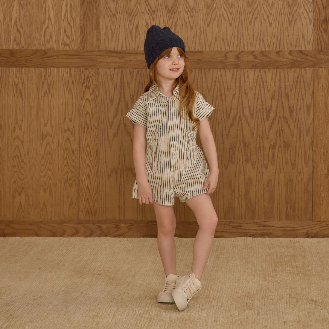 Utility romper navy pinstripe Rylee Cru