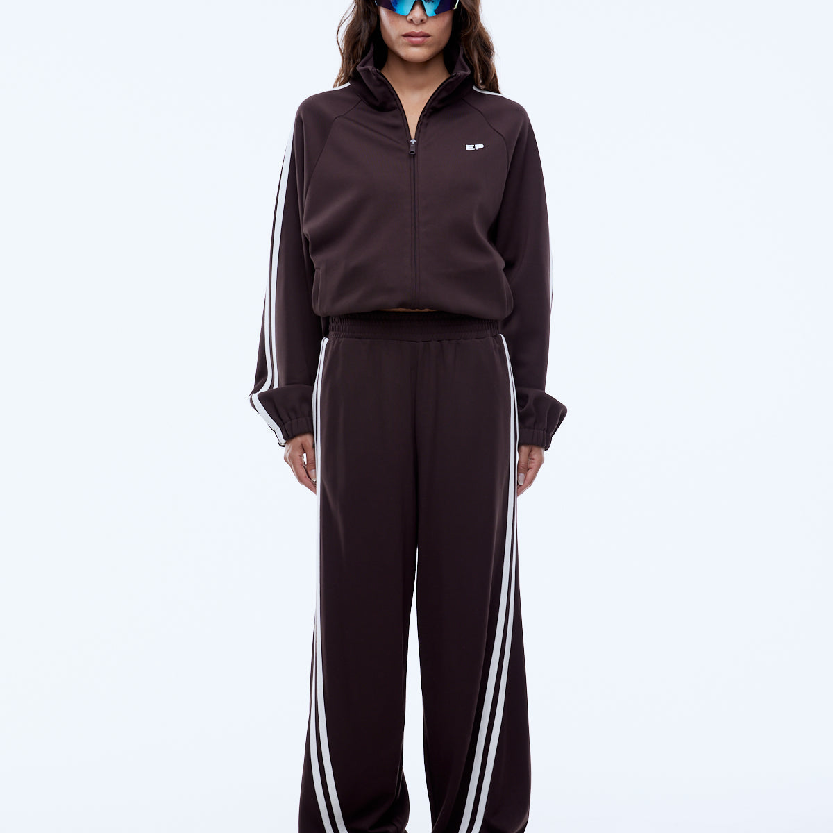 model wearing Ena Pelly Valentina Stripe Pant cocoa