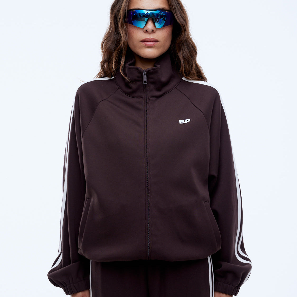 Contrast sleeve stripe detailing and raglan construction on Valentina cocoa zip thru jacket