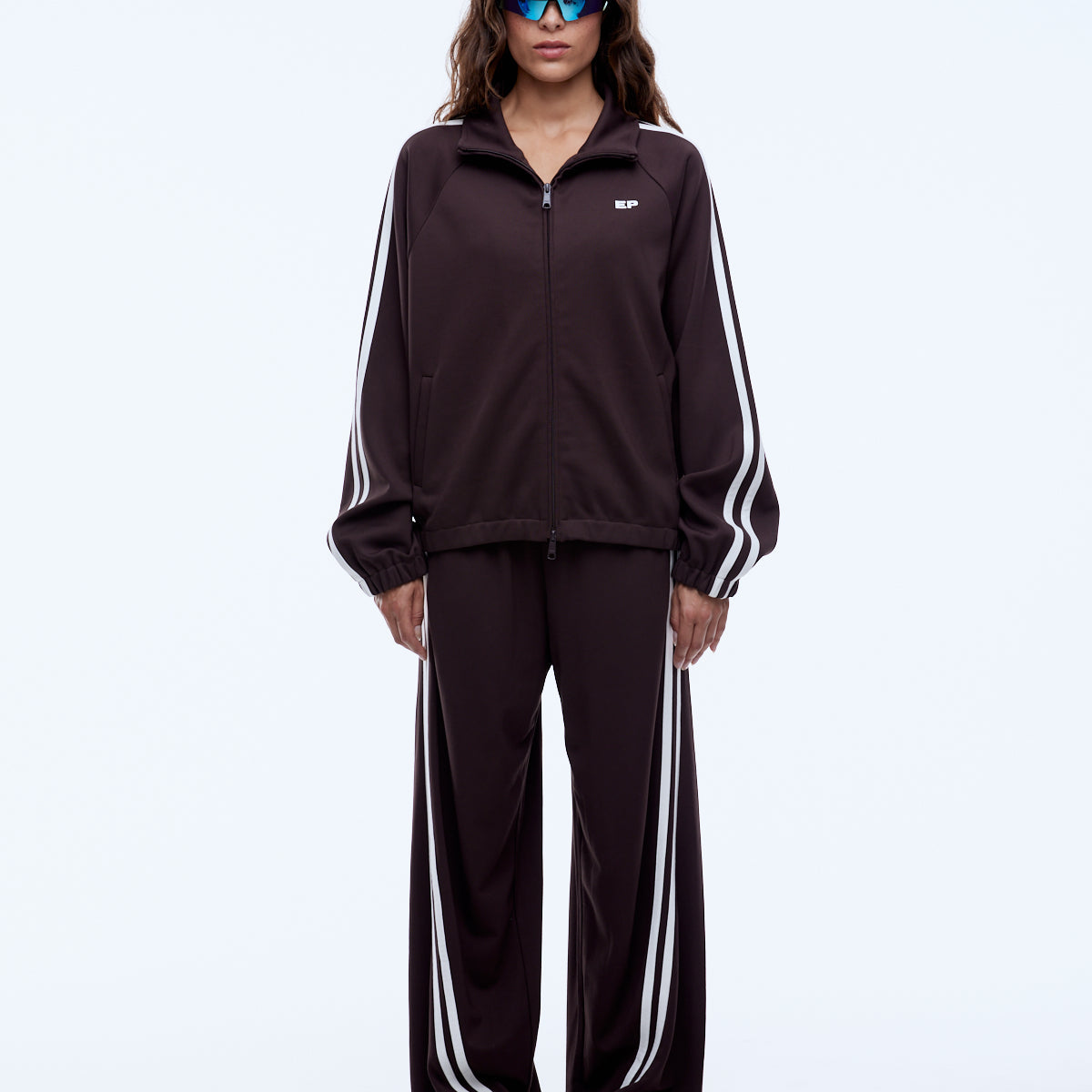 Smooth rayon blend fabric texture close up of Ena Pelly Valentina jacket in cocoa colorway