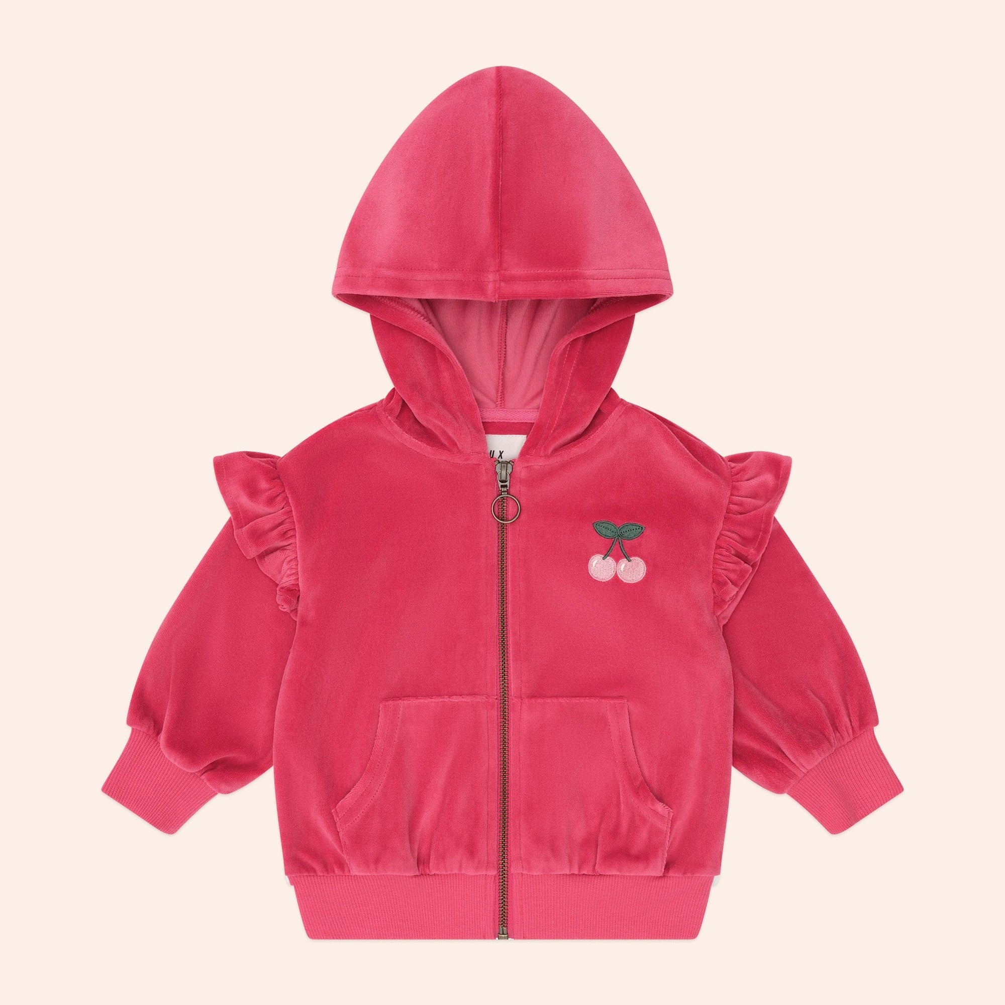 Front visual of the Very Cherry Velour Zip Up Hoodie | Huxbaby