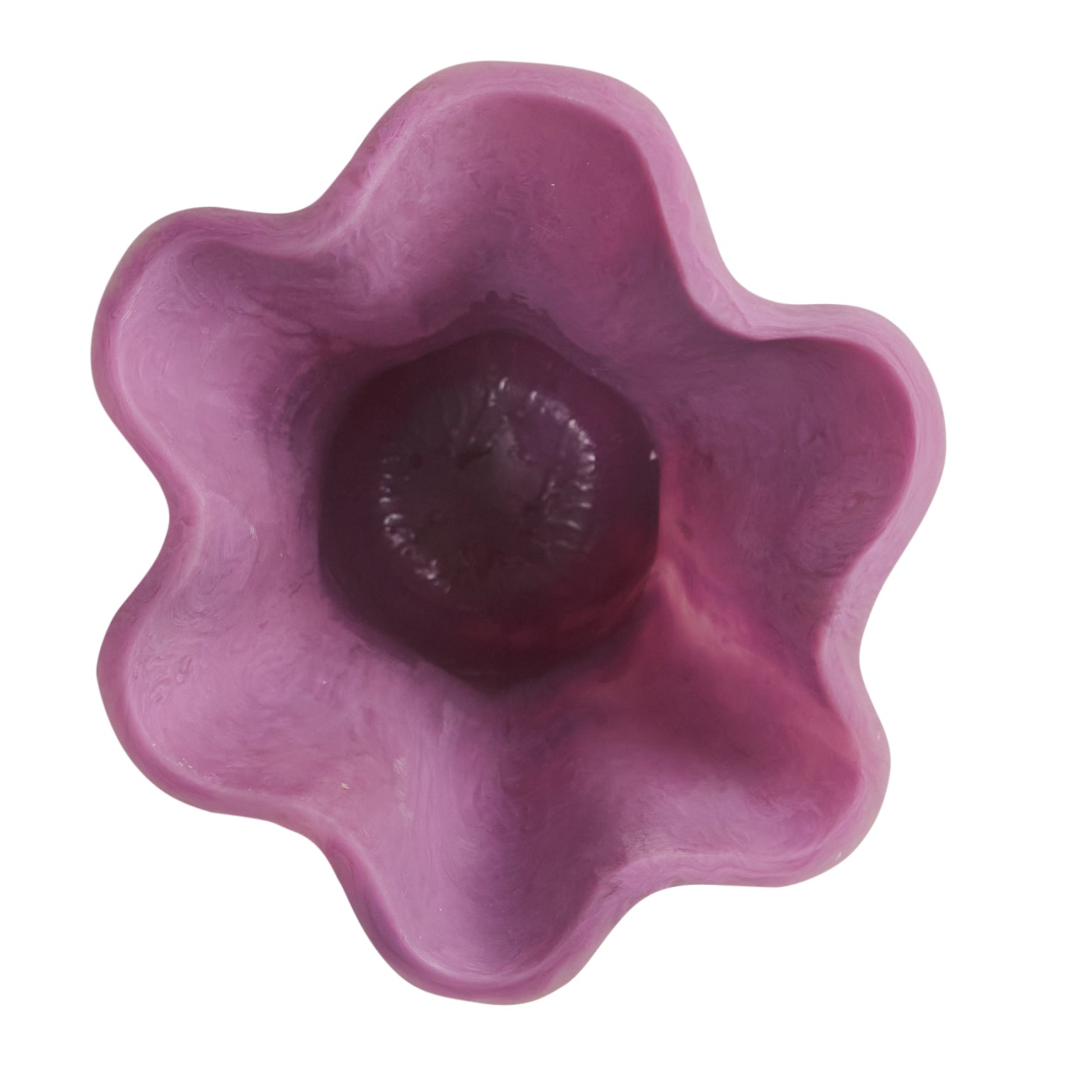 Top-down view of the Orchid Violetta Vase showing the wavy ruffled opening and marbled purple interior