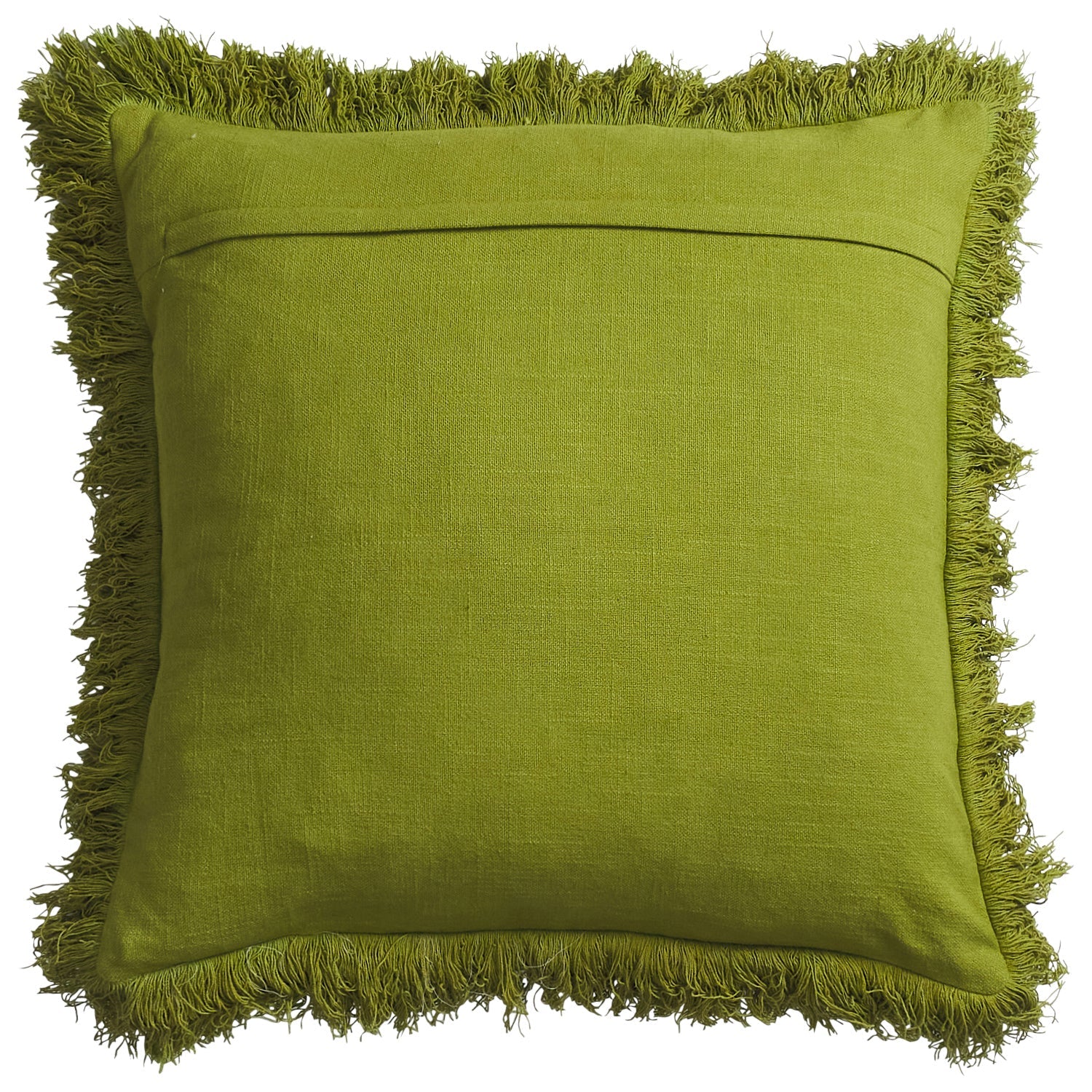 Back view of Vivi Applique Cushion showing plain juniper green fabric with fringe border and zipper