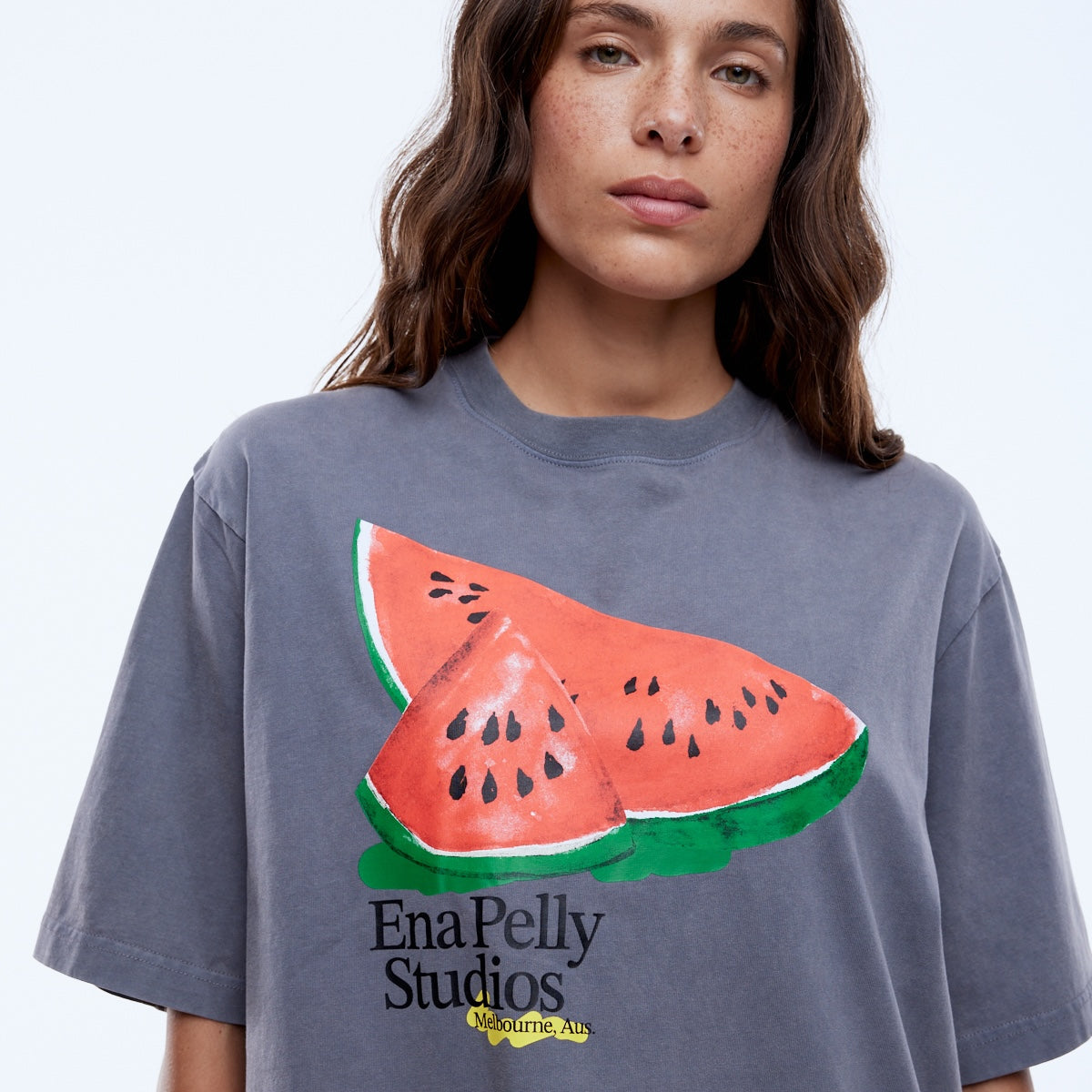 Ena Pelly Watermelon Tee styled casually with jeans lifestyle shot