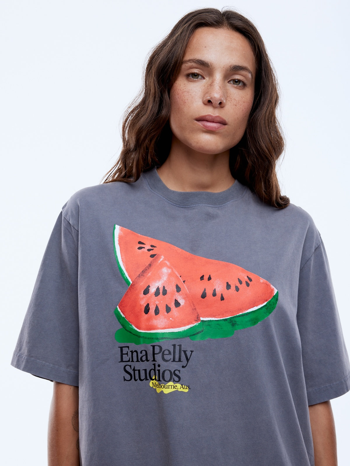 Ena Pelly Watermelon Tee styled casually with jeans lifestyle shot