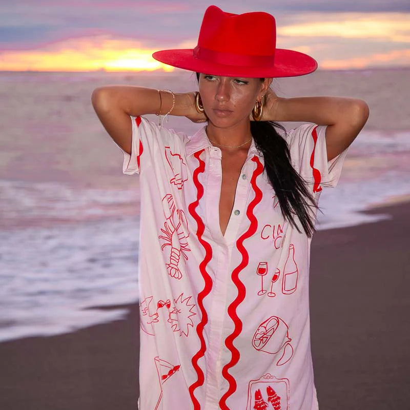 Wine club shirt dress by Palm Collective in red & pink