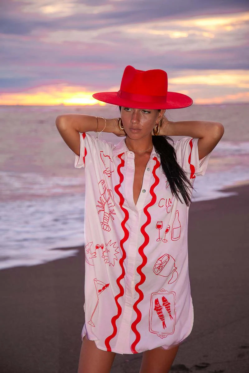 Wine club shirt dress by Palm Collective in red & pink