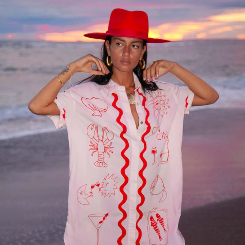 model wearing boyfriend fit dress - Wine Club Shirt Dress by Palm Collective