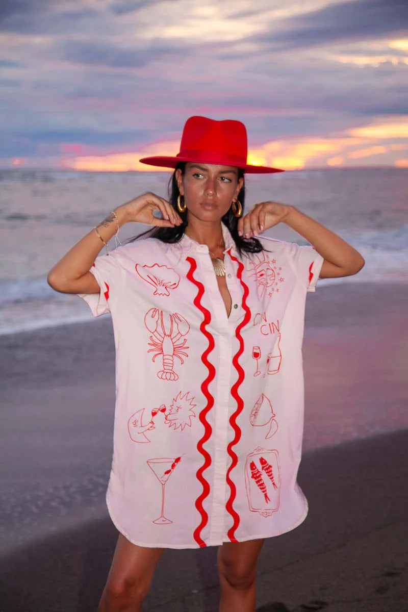 model wearing boyfriend fit dress - Wine Club Shirt Dress by Palm Collective