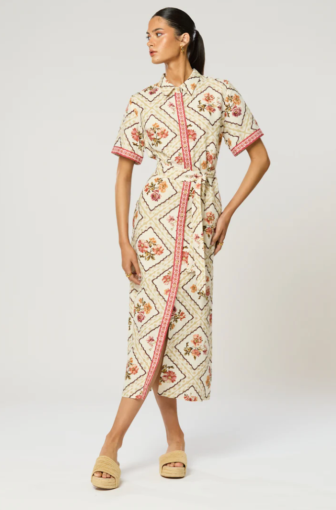 beautiful linen dress worn by model - Winnie Midi Dress - Pistachio Print By Winona