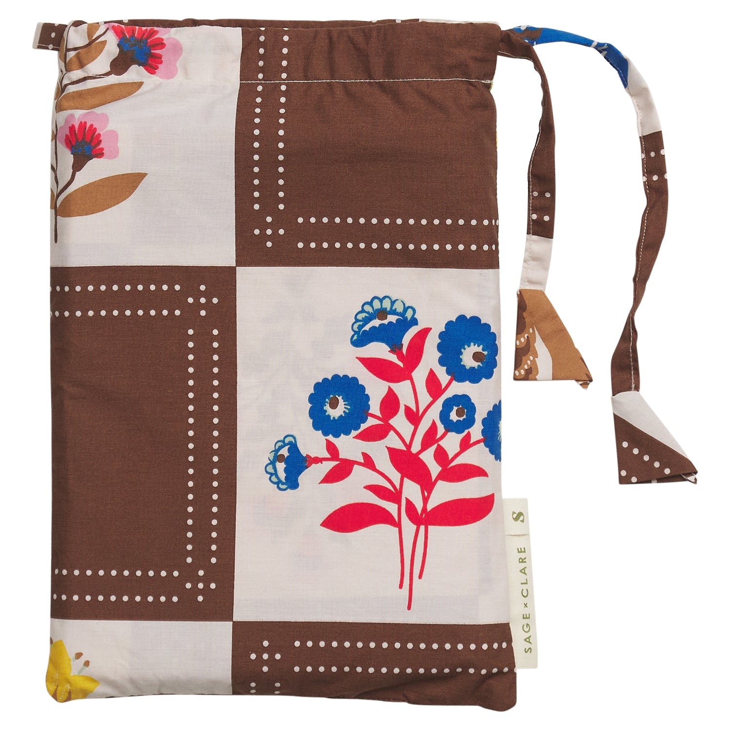 Cotton pillowcase set folded in a brown checkerboard floral print drawstring storage bag