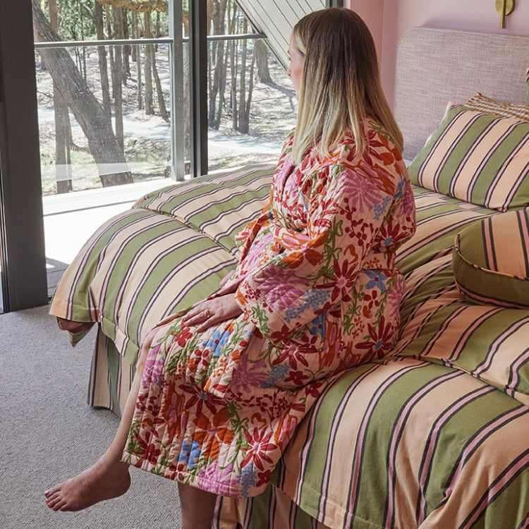 Lade wearing Mosey Me Winter Garden Robe garden print cotton percale loungewear lifestyle shot