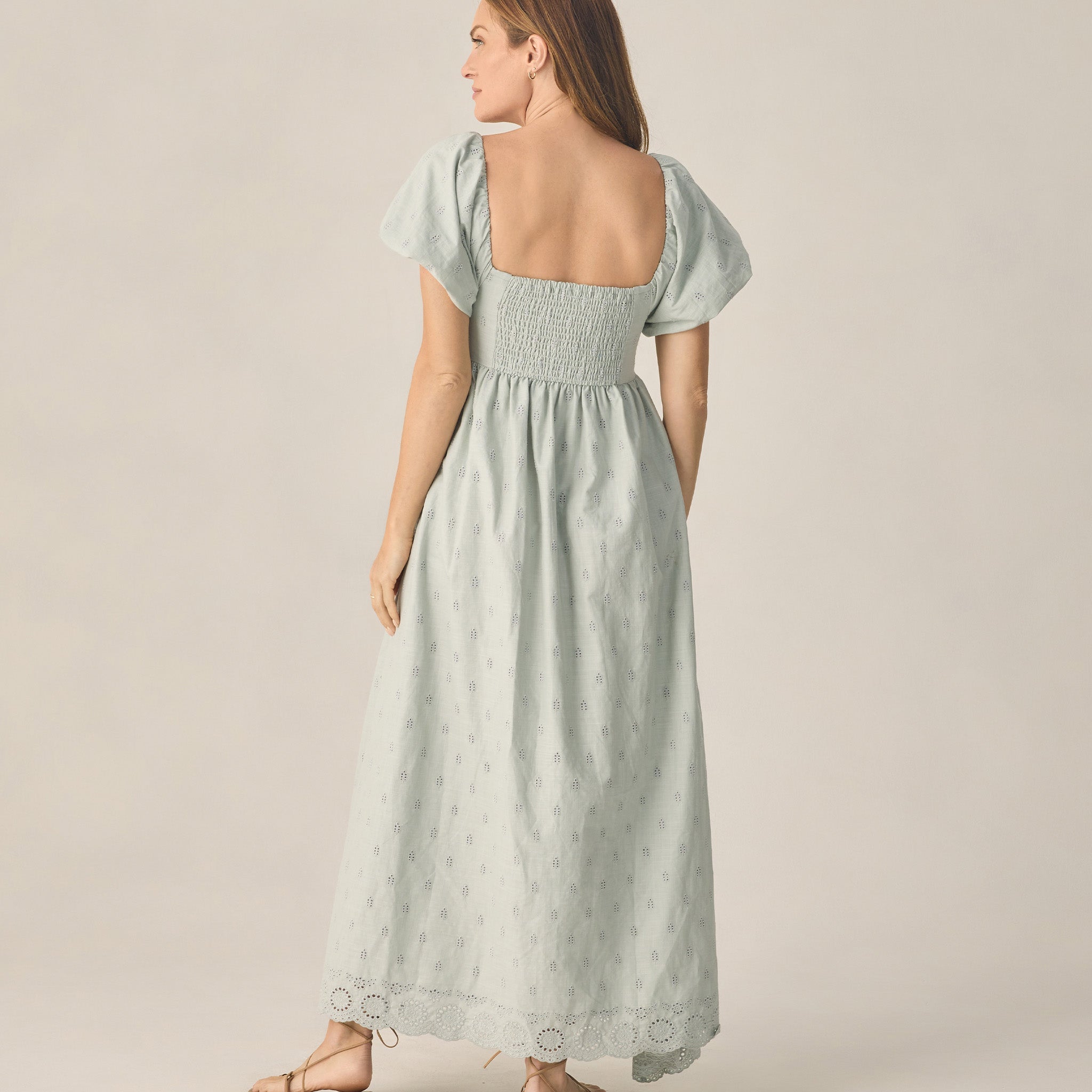 lady wearing Women's Oceane Dress Seafoam by Rylee + Cru - long light blue 100% cotton dress with bubble sleeves