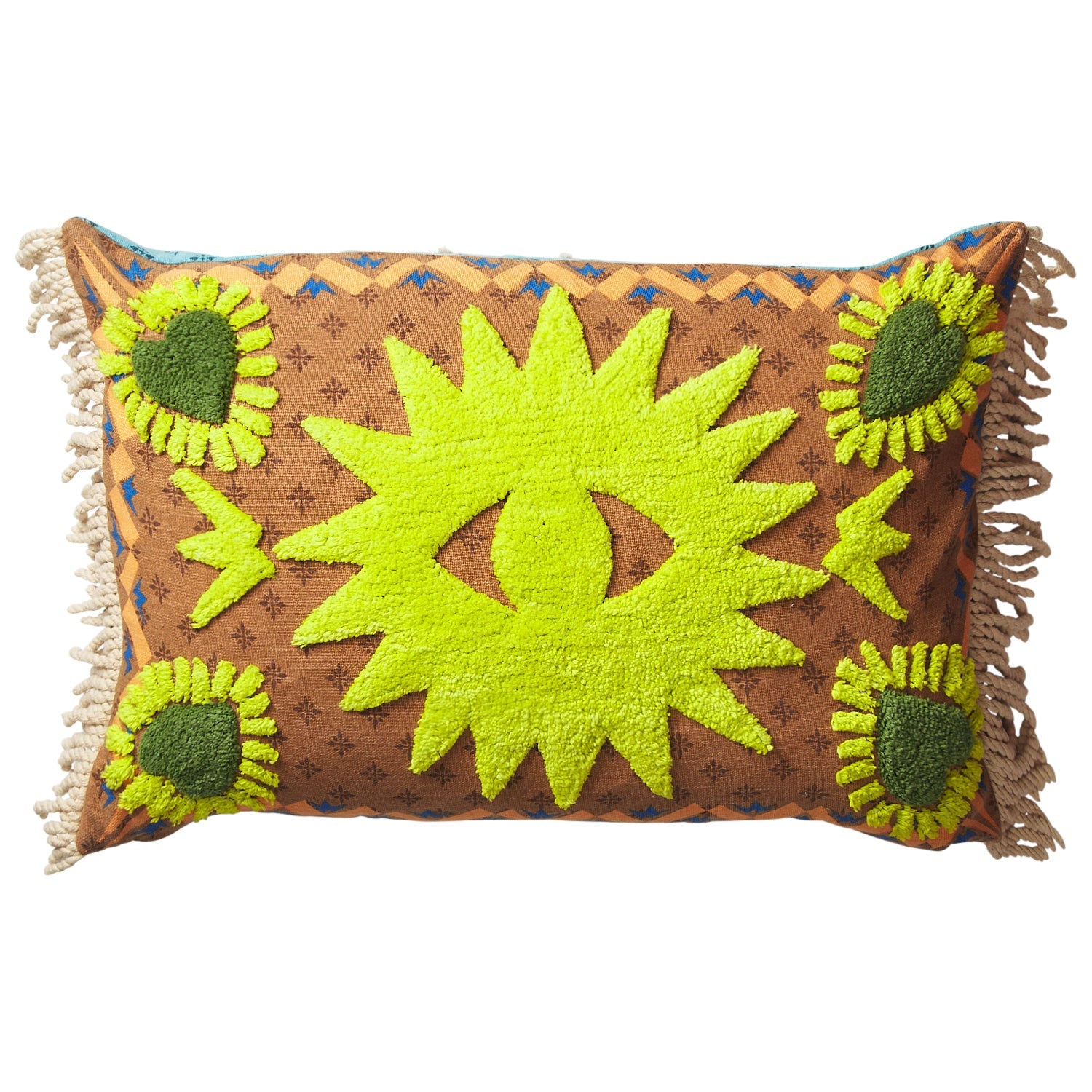 Brown printed lumbar cushion with lime green tufted star design, dark green corner accents, and cream rope fringe