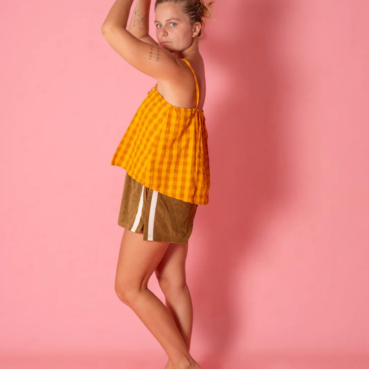 model wearing Patchwork Singlet by Atmosea – Ginger Gingham