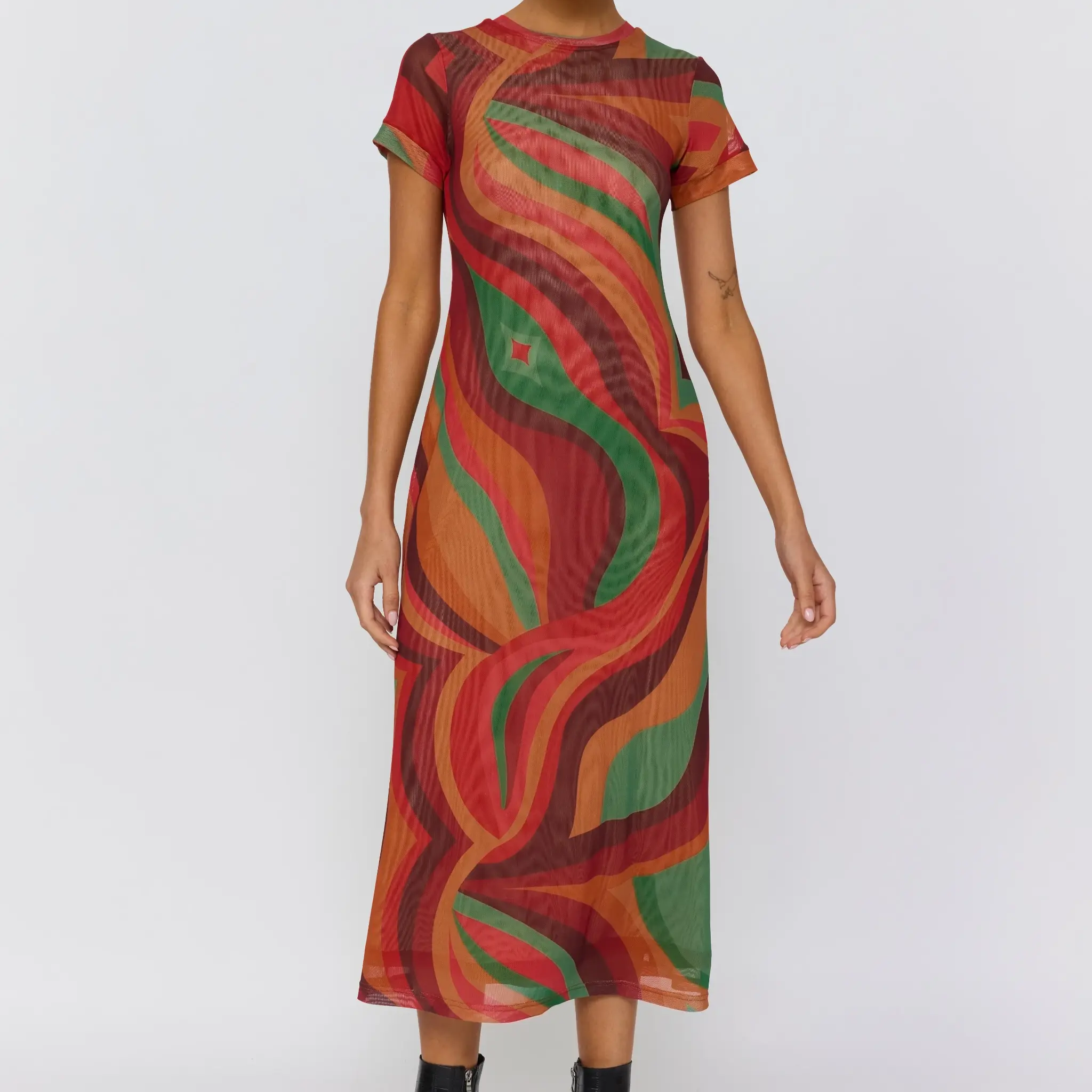 Straight on view of Yoko Midi Dress displaying colorful wave print and midi length silhouette