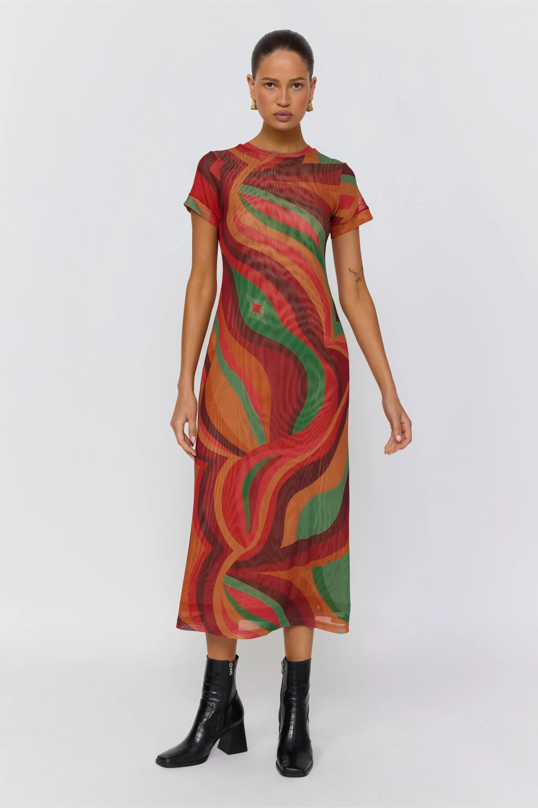 Straight on view of Yoko Midi Dress displaying colorful wave print and midi length silhouette