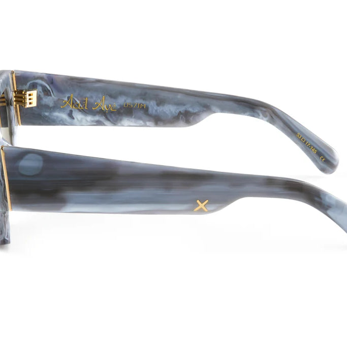 Pair of sunglasses with a marbled gray frame on a white background by Oscar Frank