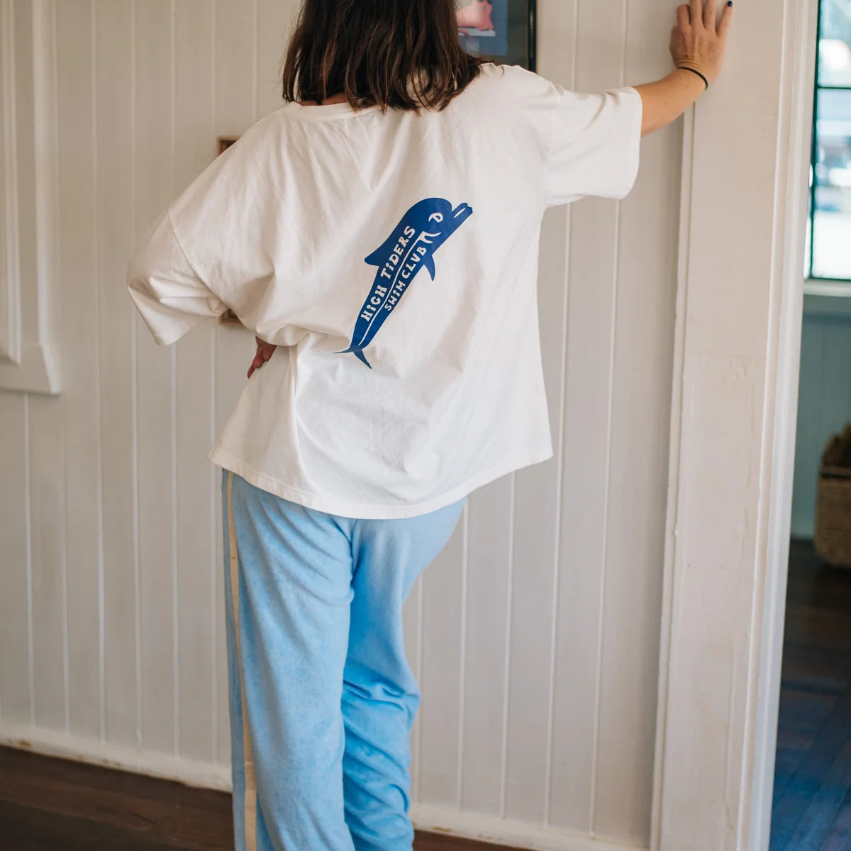 model wearing Apres Surf Pant Cloud by Atmosea