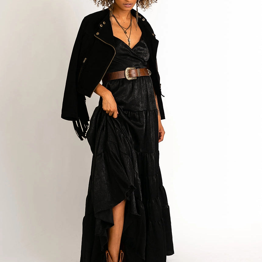 long metallic black maxi dress, sleeveless