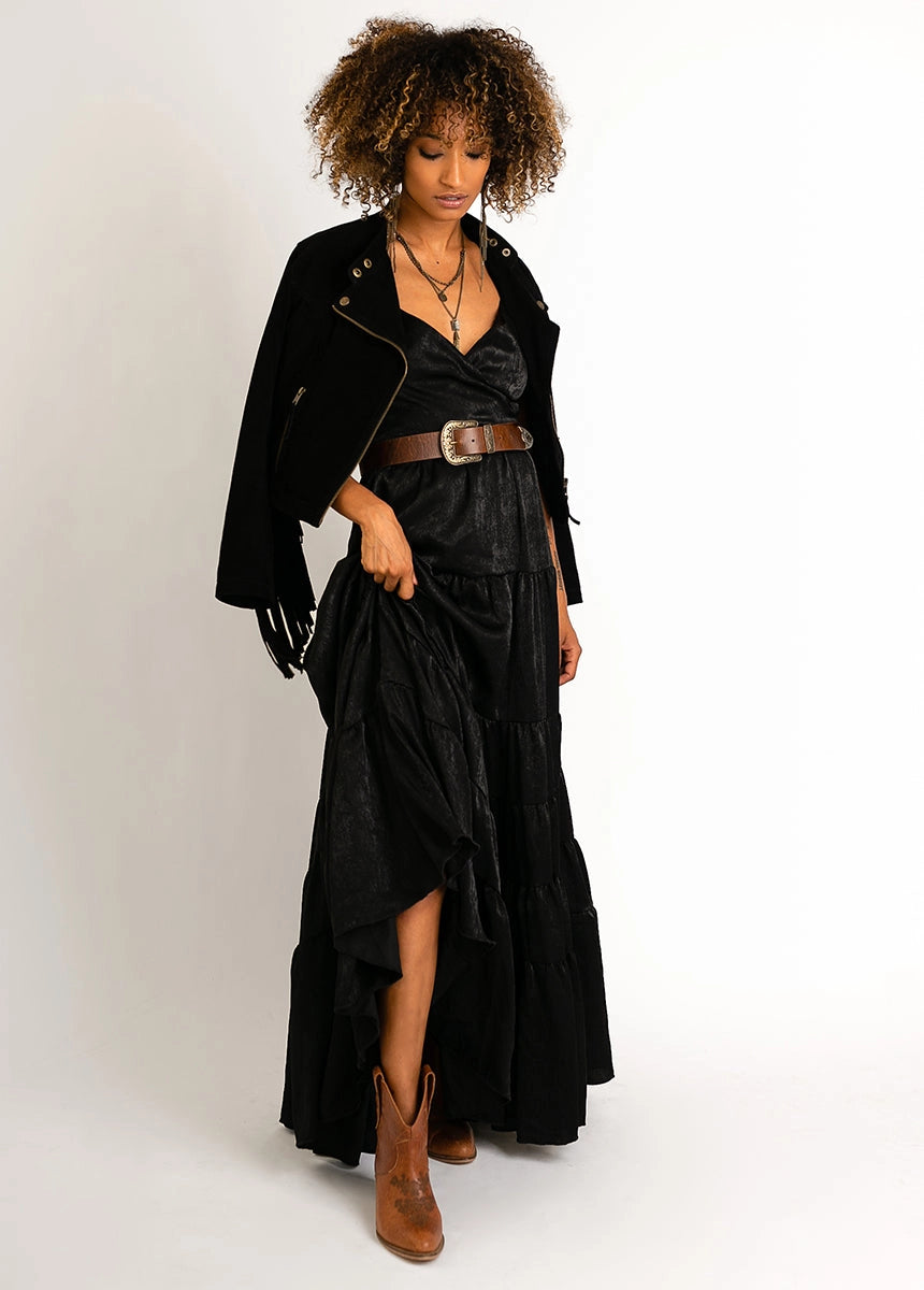 long metallic black maxi dress, sleeveless