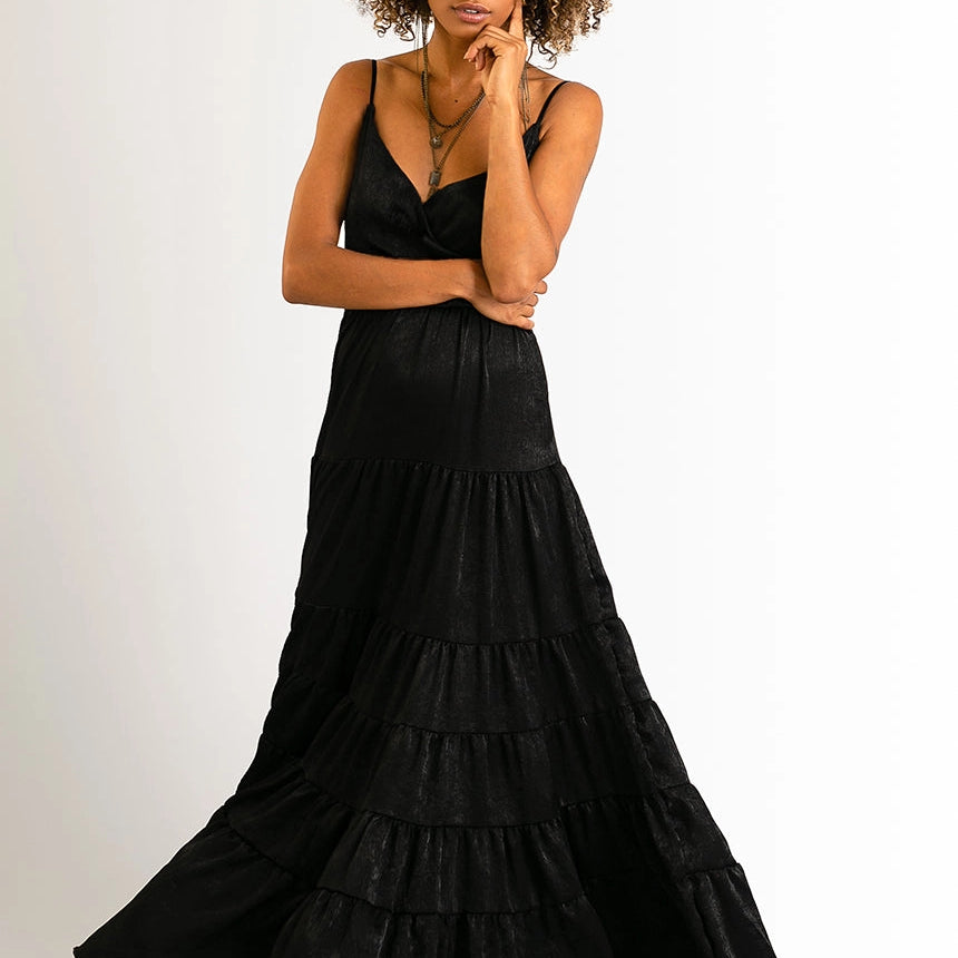 long black metallic dress with straps