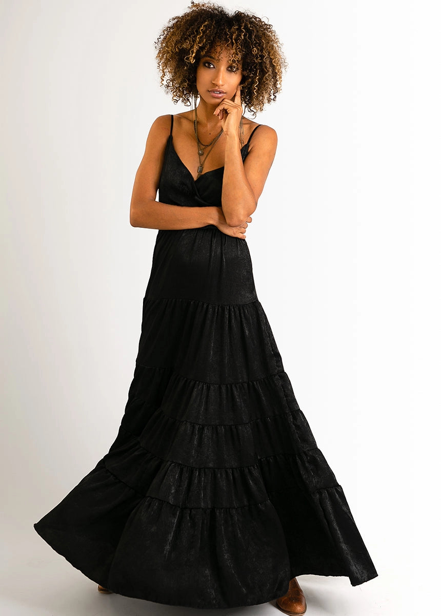 long black metallic dress with straps