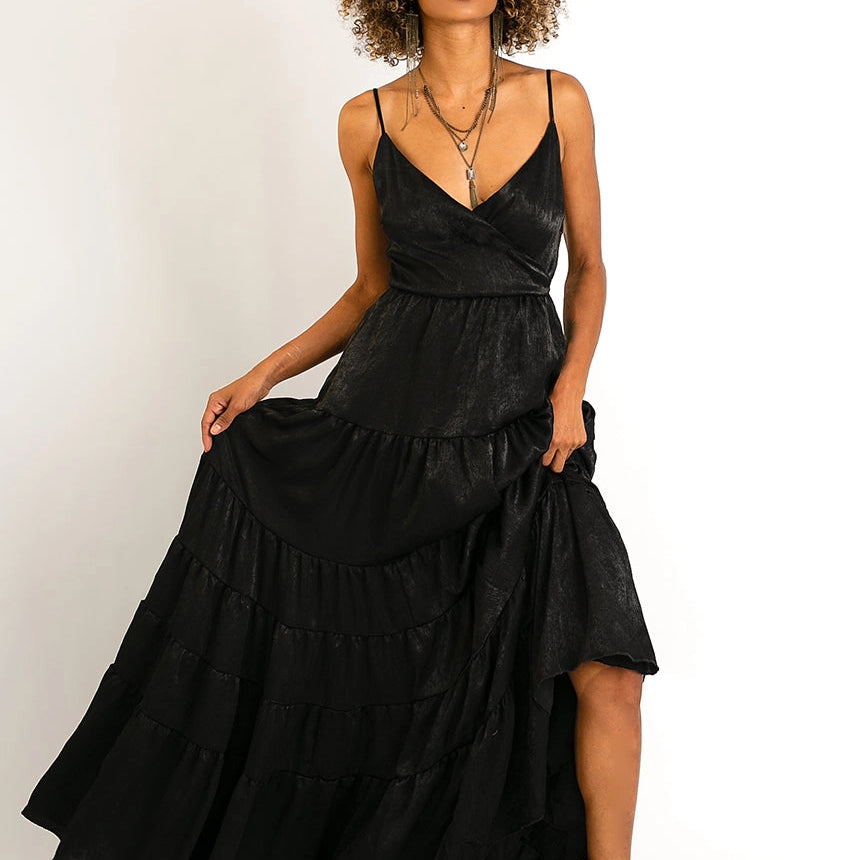 metallic black strappy maxi dress by Joyfolie