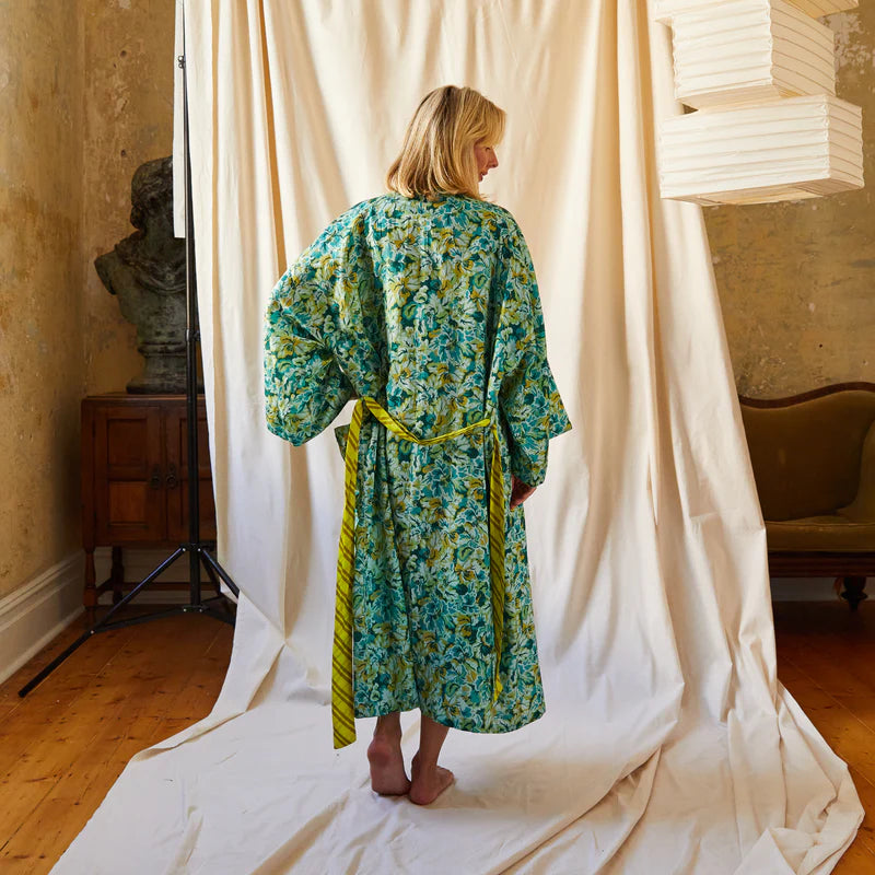 blue, green & yellow silk cotton blend robe by Sage & Clare