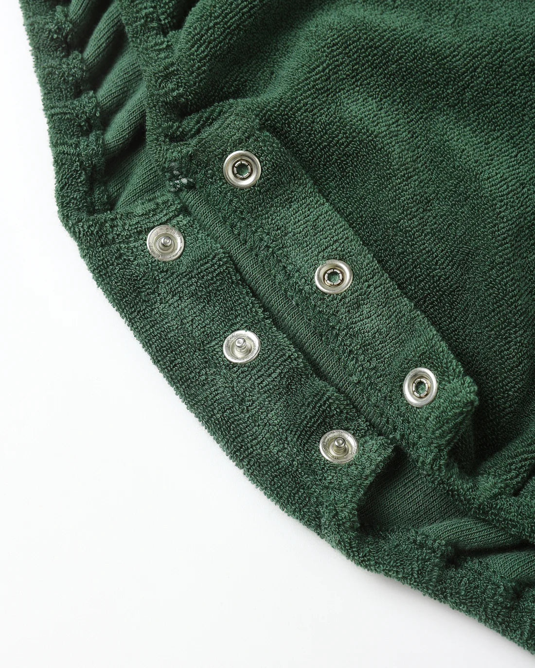 close up of Crewneck Romper Green by Rylee + Cru