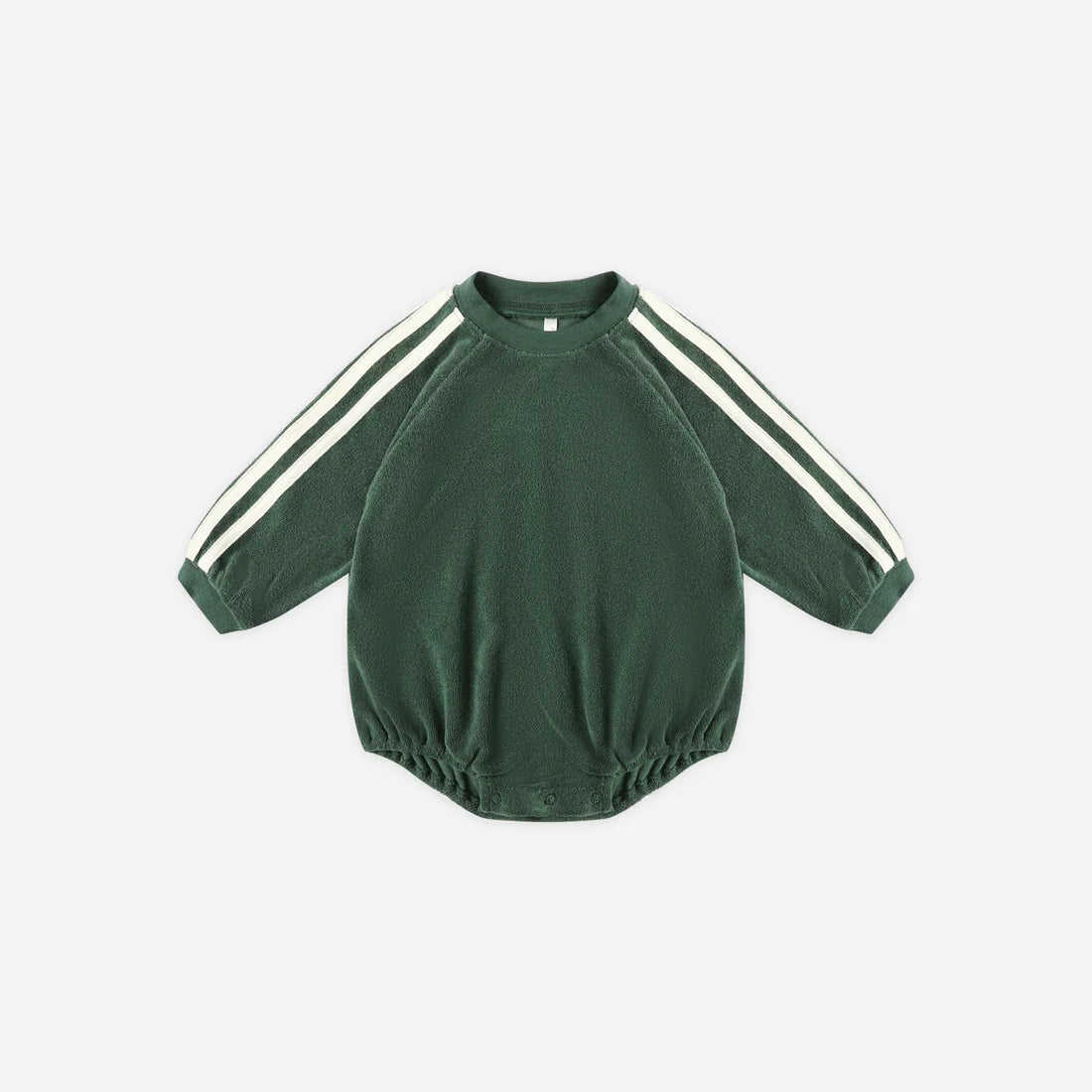 Green baby romper with white stripes on sleeves against a white background