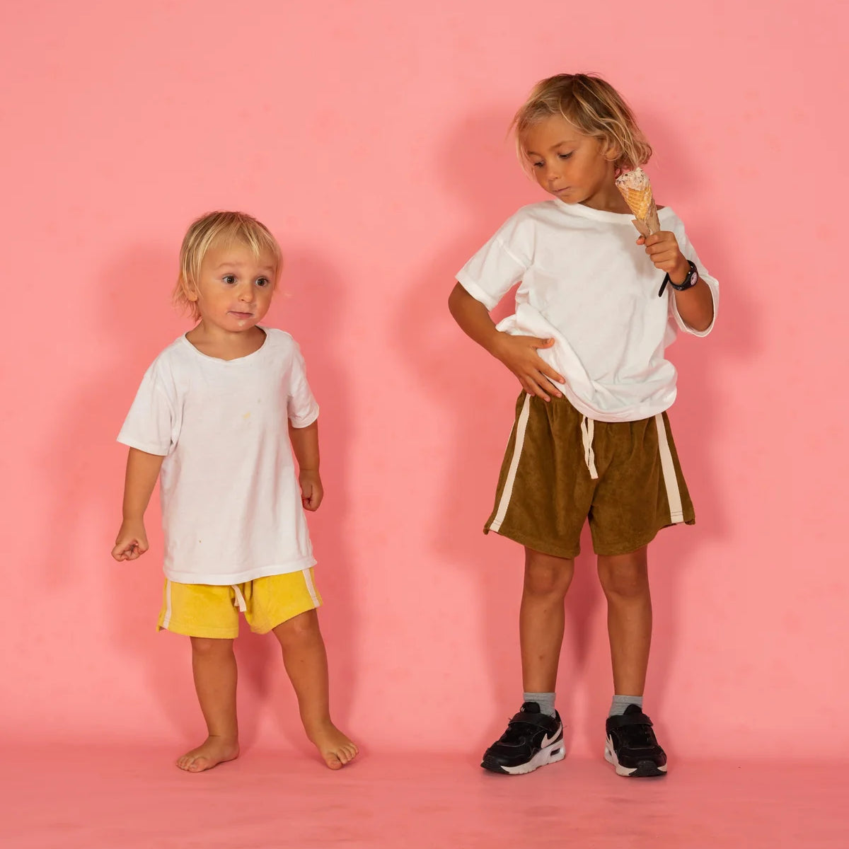 Kids wearing Atmosea terry towelling shorts