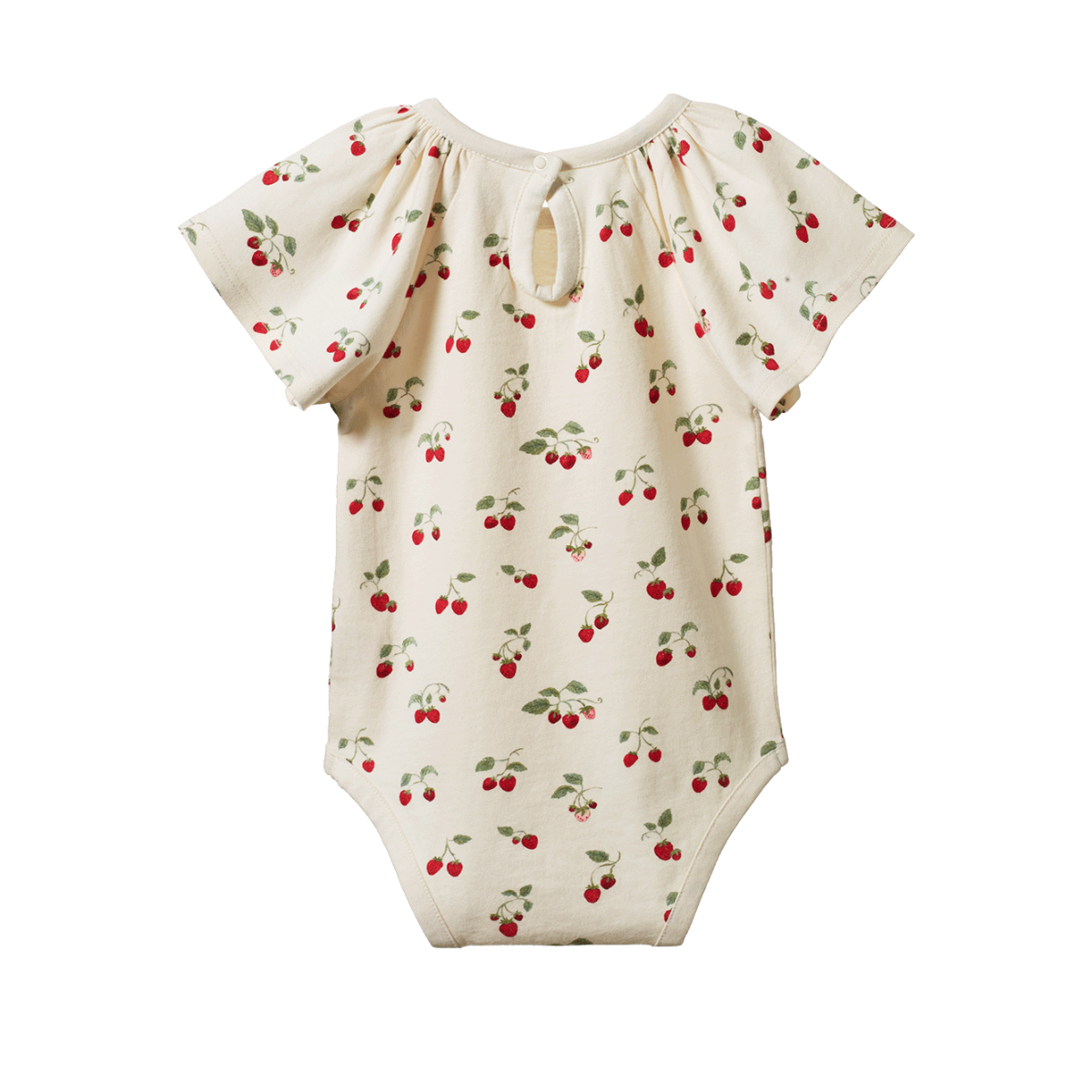 cream organic cotton baby onesie with red and green strawberry print