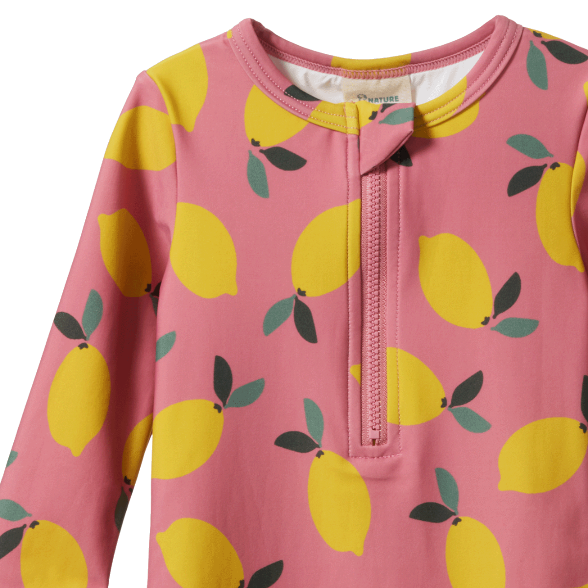 short arm, short leg pink swimsuit with yellow lemons