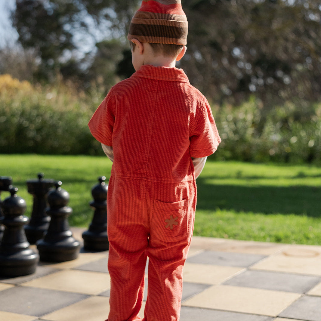 Back view of young boy in the Organic Striped Pixie Knit Beanie - Earth | Grown Clothing