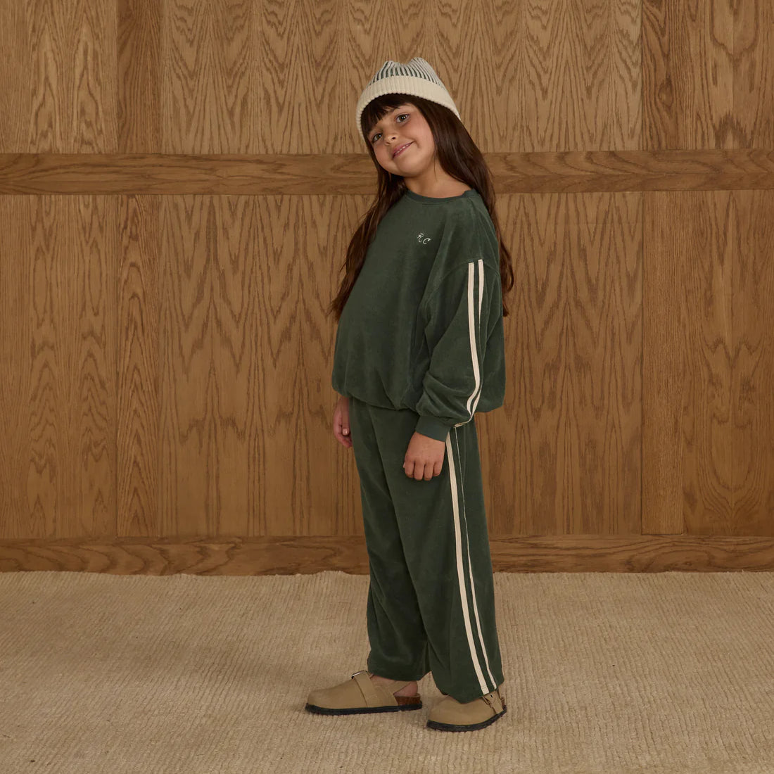 Rylee + Cru green terry towelling sweater for kids with white stripes on sleeves