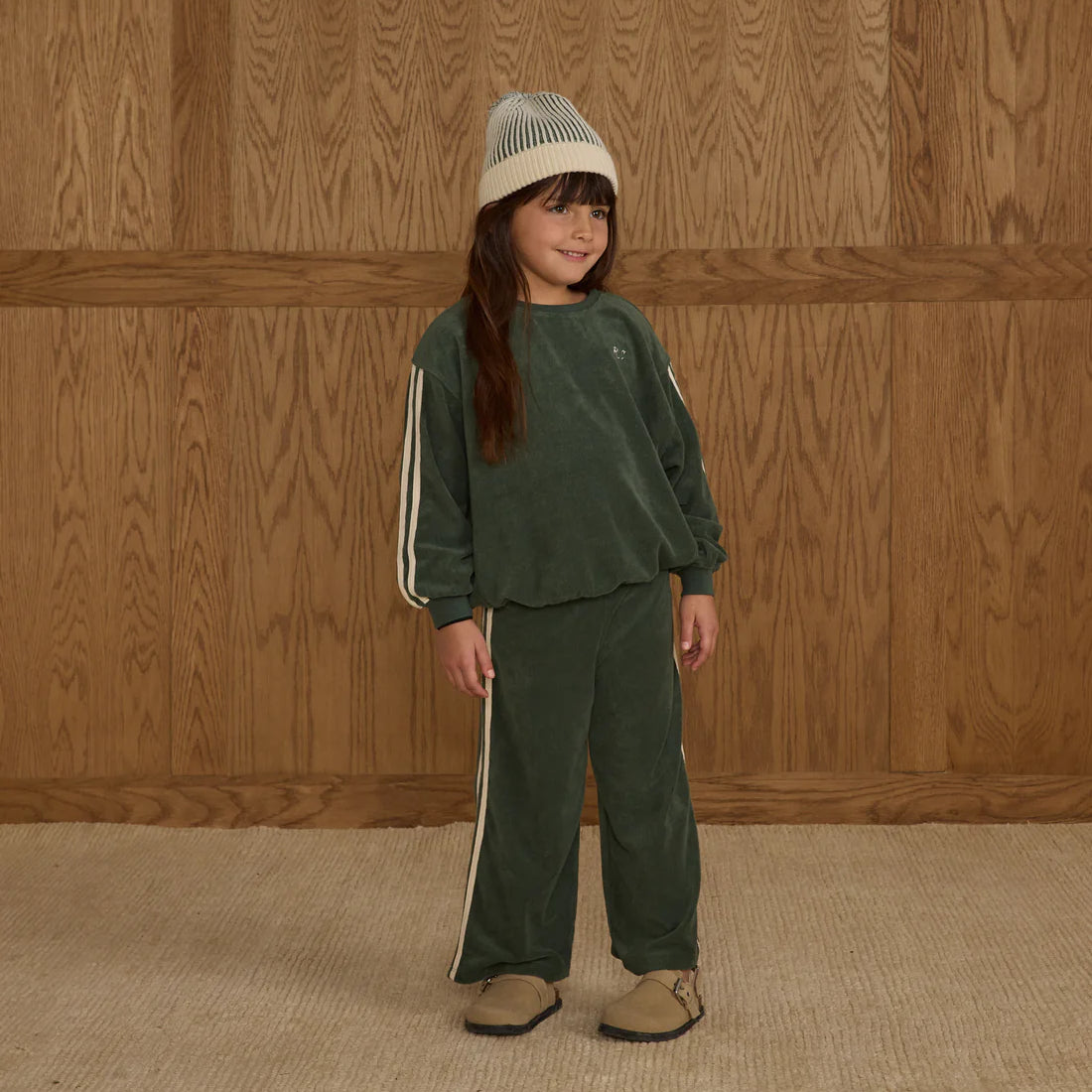 Kids fashion terry sweater with matching pants in dark green