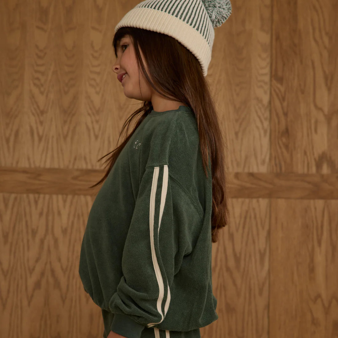 soft terry green jumper with white stripes for kids by Rylee + Cru