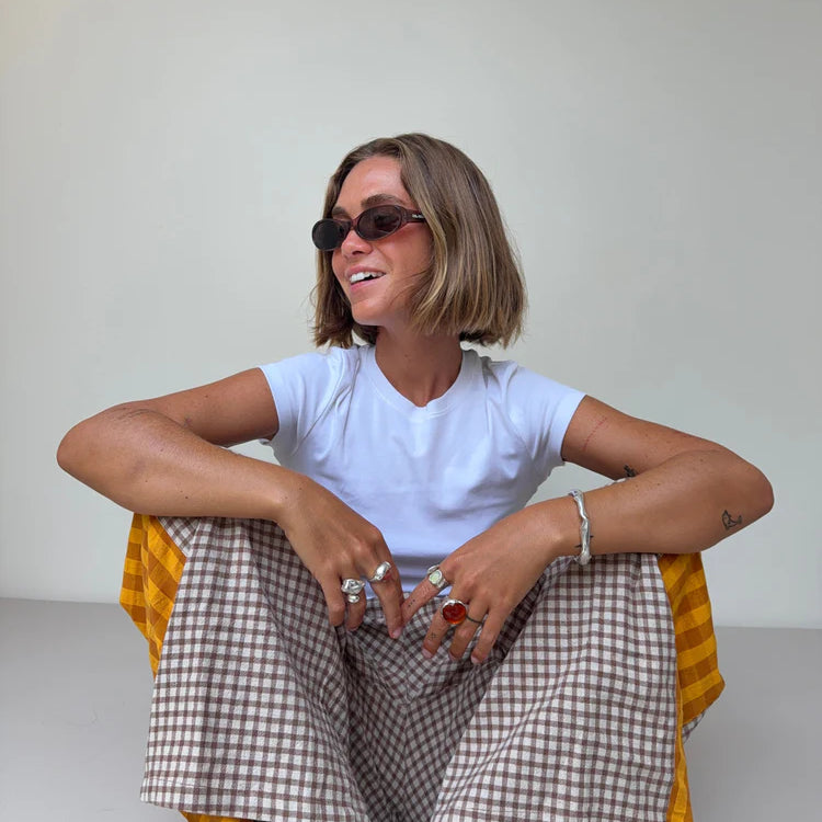 model wearing Patchwork Pant Ginger Gingham by Atmosea