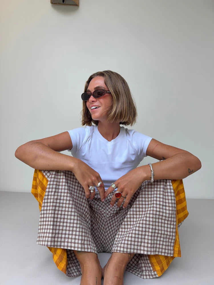 model wearing Patchwork Pant Ginger Gingham by Atmosea