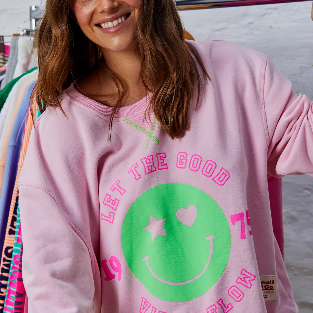Smily Washed Sweat in baby pink by Hammill & Co 100% cotton pink and green fluro
