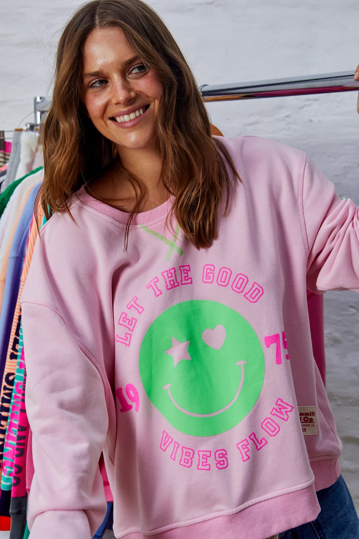 Smily Washed Sweat in baby pink by Hammill & Co 100% cotton pink and green fluro