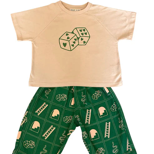 flat lay images of Child wearing the green snakes and ladder pants by Sauce Mini