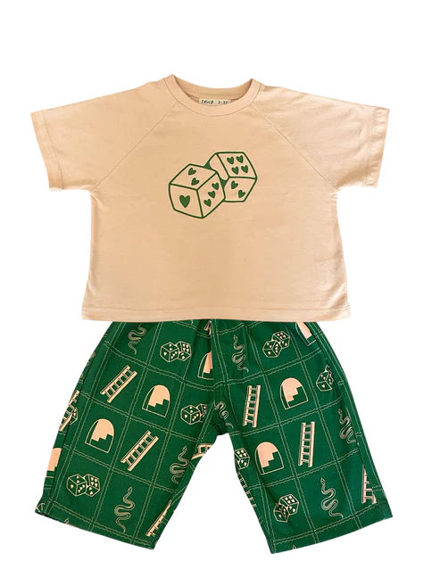 flat lay images of Child wearing the green snakes and ladder pants by Sauce Mini