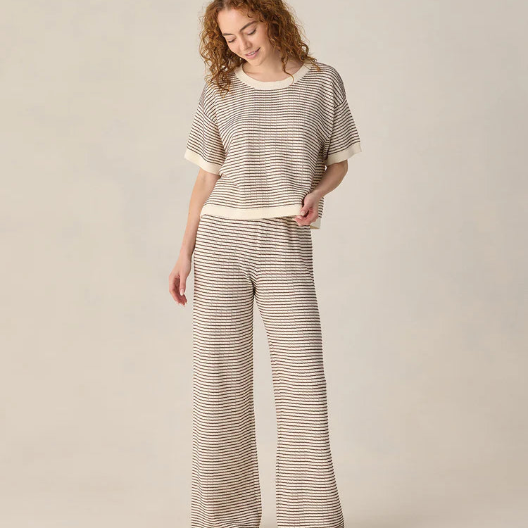 Women's Boxy Crop Knit Tee Chocolate Stripe by Rylee & Cru - brown and cream 100% cotton pointelle knit