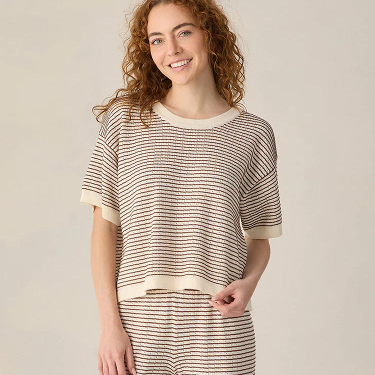 Women's Boxy Crop Knit Tee Chocolate Stripe by Rylee & Cru